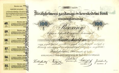 Kráľovskochlmecká hospodárska a obchodná banka - účastina, 1904